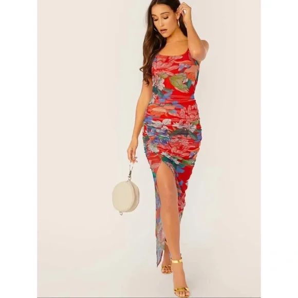 knee length dresses for ladies Water Color Split Hem Abstract Midi Dress- Pastel Multi main image 1